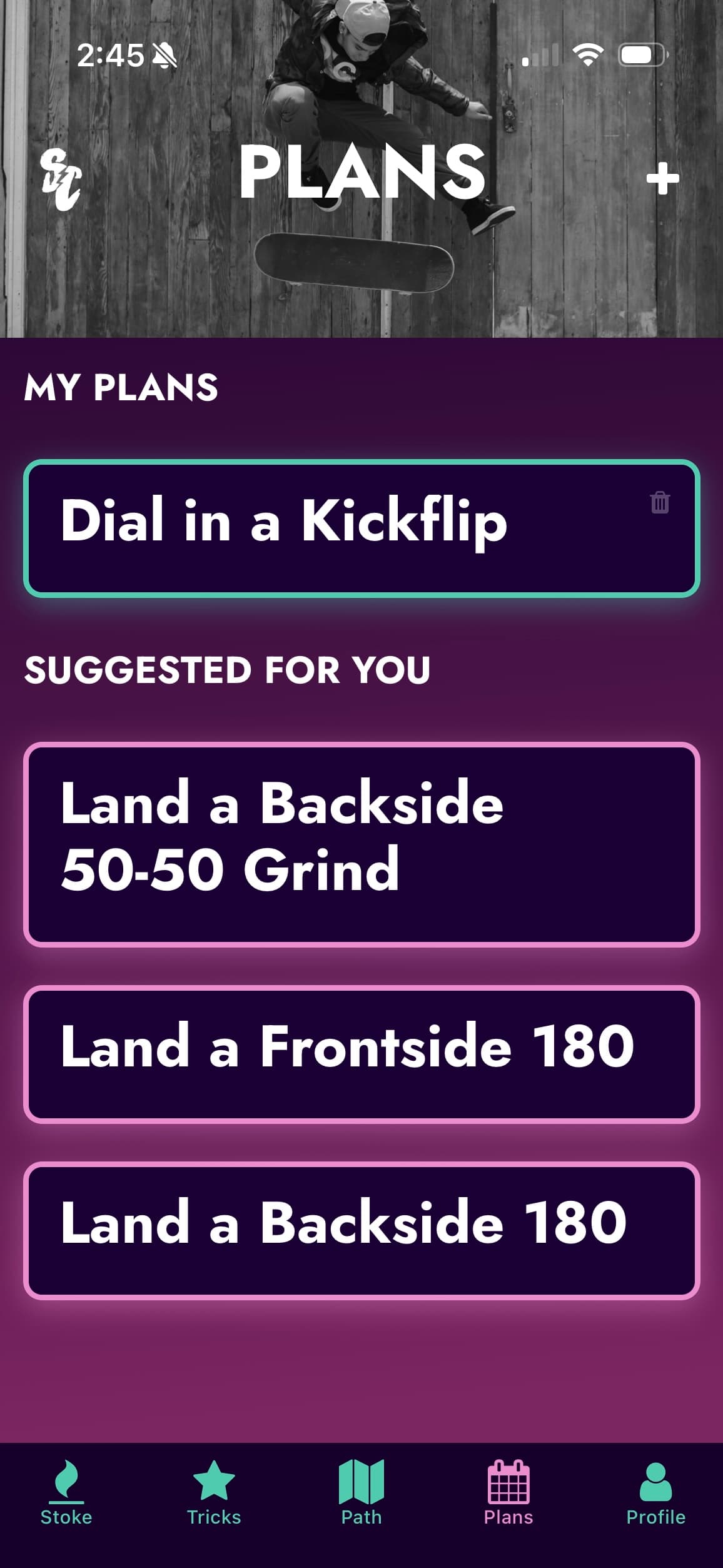 Shred Camp Plans tab